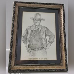 John Wayne Vtg Bronze Black Framed " The Symbol Of The West" Pencil Drawing